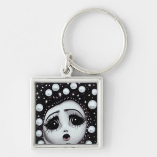 B&W Pop Surrealism Big Eyes Doll Face Keychain