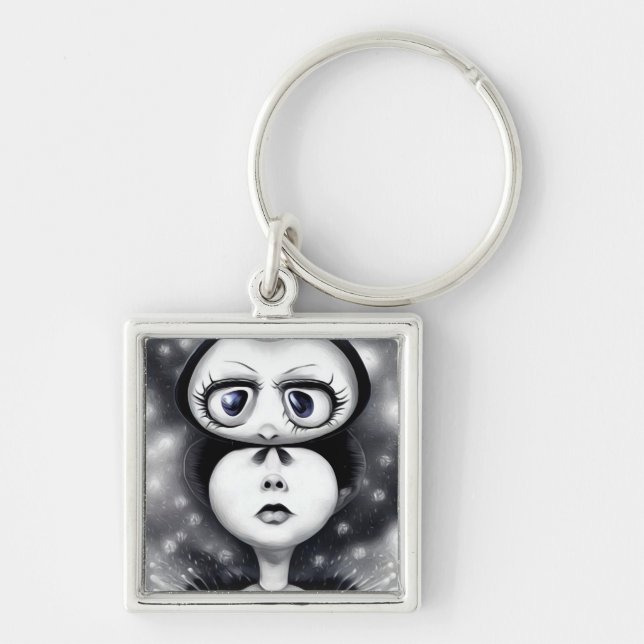 B&W Pop Surrealism Big Eyes Keychain (Front)