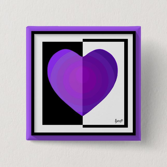 B&W Purple Hearts Beating 2 Inch Square Button (Front)