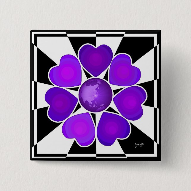 B&W Purple Hearts Beating 2 Inch Square Button (Front)