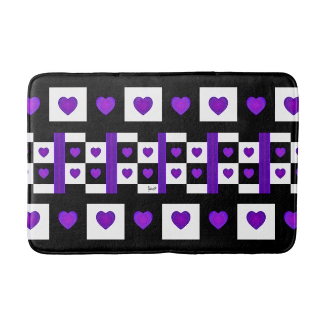 B&W Purple Hearts Beating Bath Mat (Front)