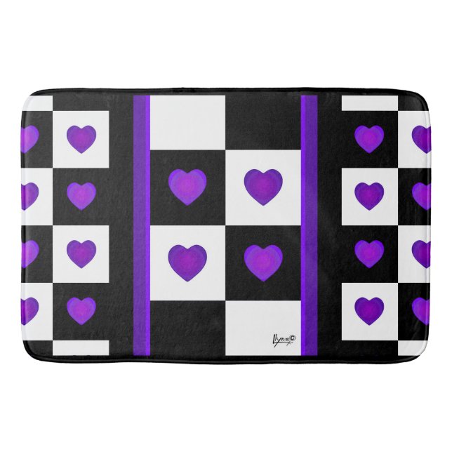 B&W Purple Hearts Beating Bath Mat (Front)