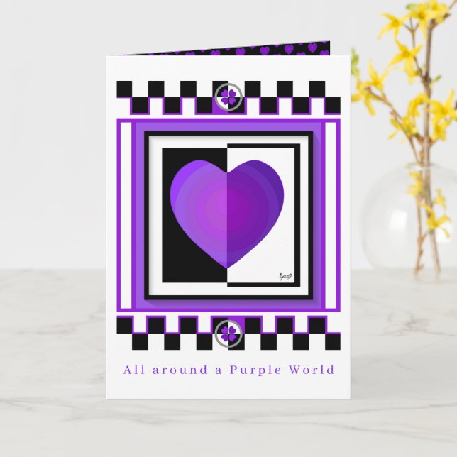B&W Purple Hearts Beating Birthday card (Yellow Flower)