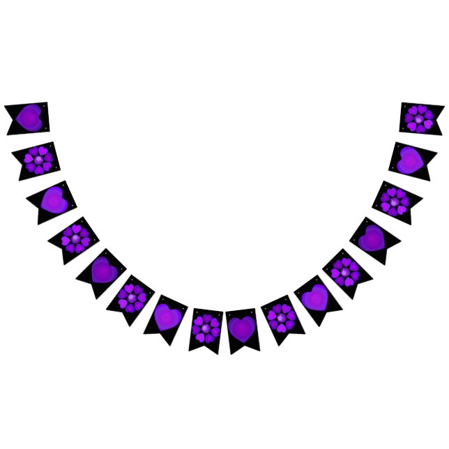 B&W Purple Hearts Beating Bunting Flags (All)