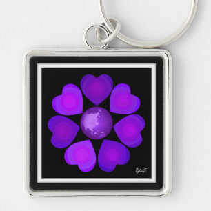 B&W Purple Hearts Beating Keychain