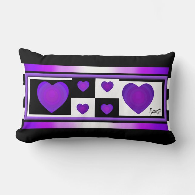 B&W Purple Hearts Beating Lumbar Pillow (Front)