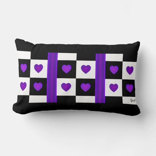 B&W Purple Hearts Beating Lumbar Pillow (Front)