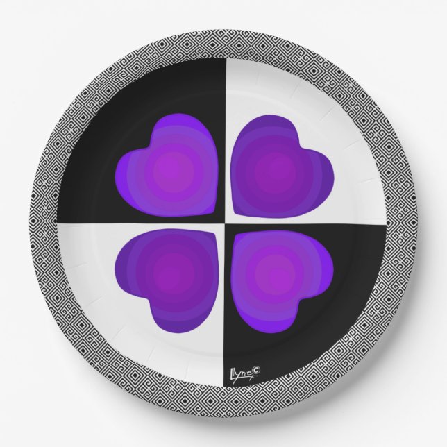 B&W Purple Hearts Beating Paper Plate (Front)