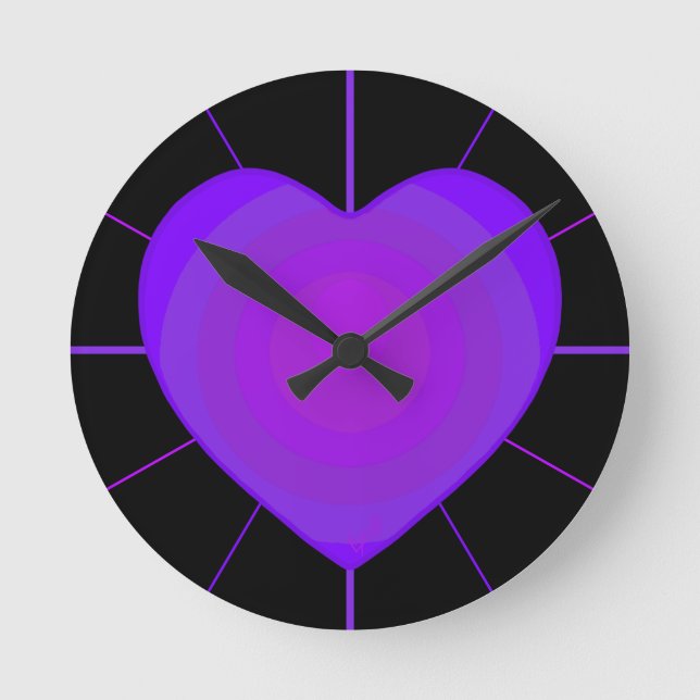 B&W Purple Hearts Beating Round Clock (Front)