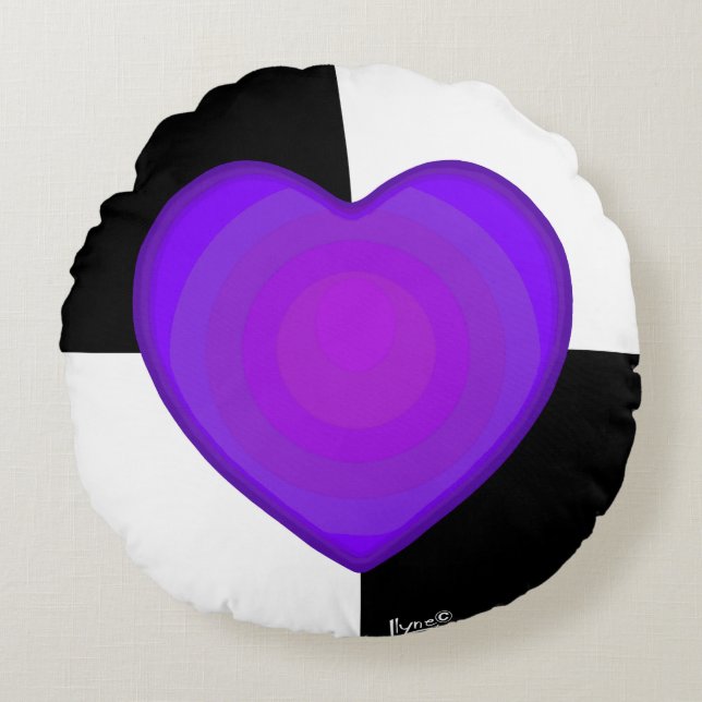 B&W Purple Hearts Beating Round Pillow (Front)