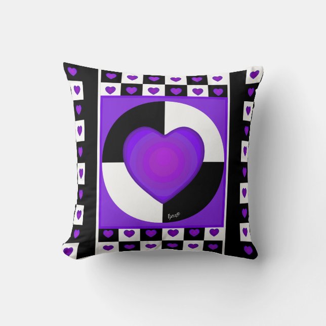 B&W Purple Hearts Beating Throw Pillow (Front)
