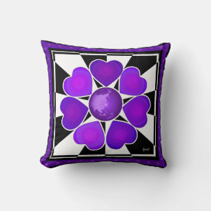 B&W Purple Hearts Beating Throw Pillow