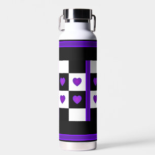 B&W Purple Hearts Beating Water Bottle