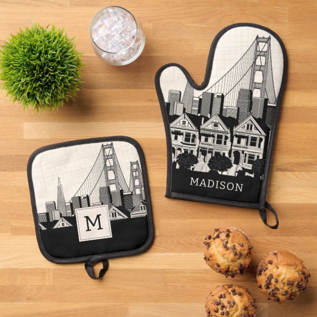 B&W San Francisco California Oven Mitt & Pot Holder Set (Top Down)