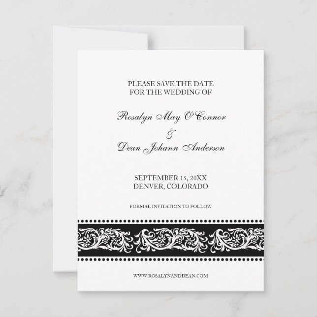 B&W scroll elegant wedding save the date flat card (Front)