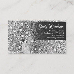 B&W sketch Peacock with Fancy Tail Feathers Business Card