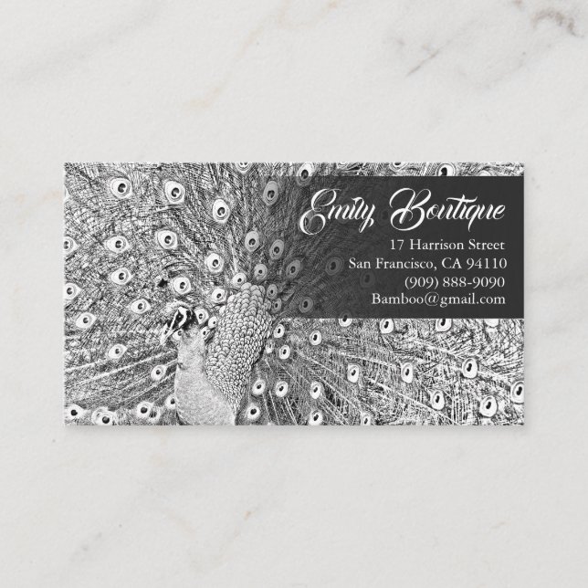B&W sketch Peacock with Fancy Tail Feathers Business Card (Front)