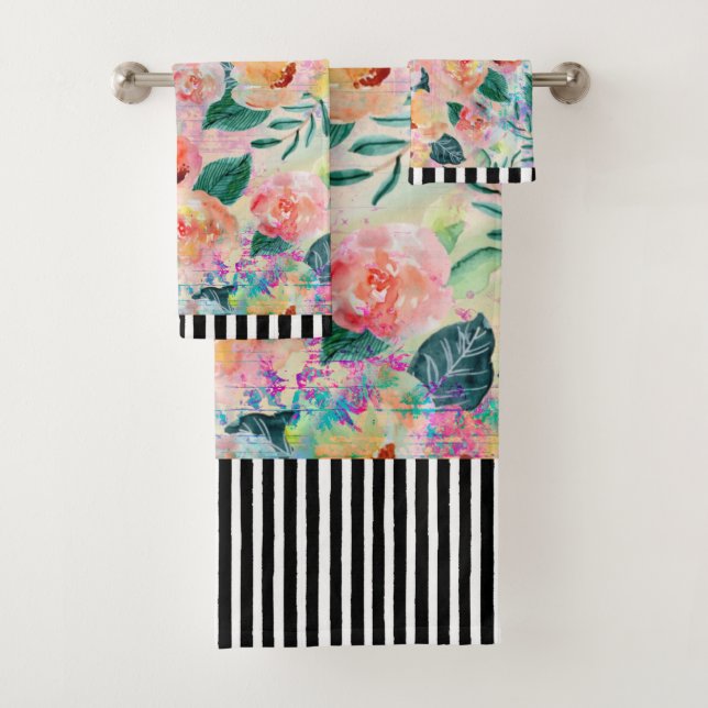 B&W Striped Coral Floral Bath Towel Set (Insitu)