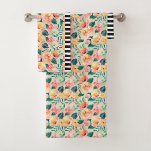 B&W Striped Coral Floral Pattern Towel Set