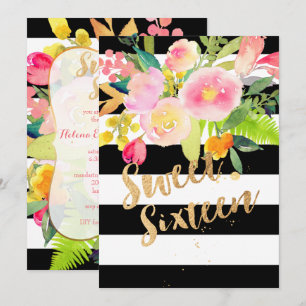 B+W Stripes, sweet 16, Watercolor Spring Flower Invitation