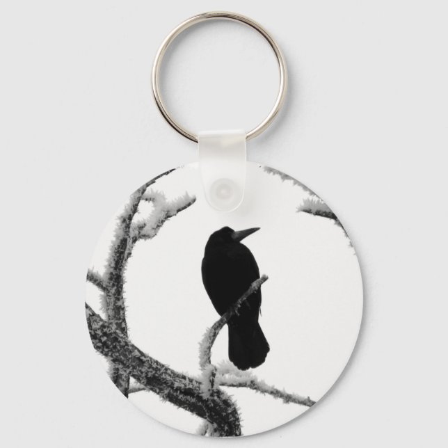 B&W Winter Raven Edgar Allan Poe Keychain (Front)