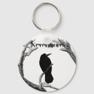 B&W Winter Raven Edgar Allan Poe Nevermore Keychain