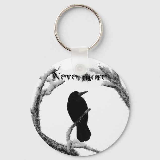 B&W Winter Raven Edgar Allan Poe Nevermore Keychain (Front)