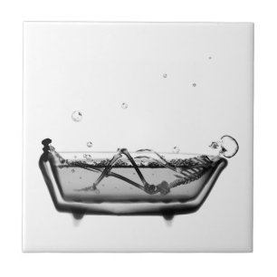 B&W X-Ray Skeleton in Bath Bathing Skull Tile