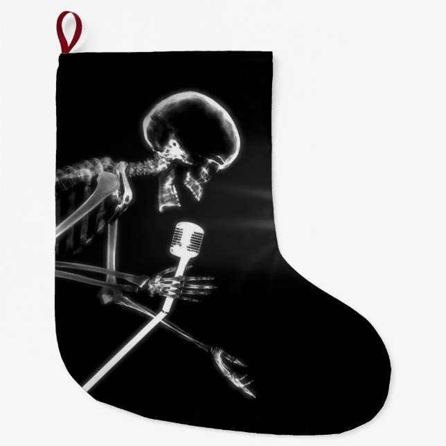 B&W X-Ray Vision Skeleton Singing on Mic Large Christmas Stocking (Front)