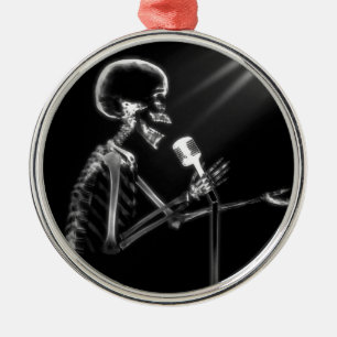 B&W X-Ray Vision Skeleton Singing on Mic Metal Ornament