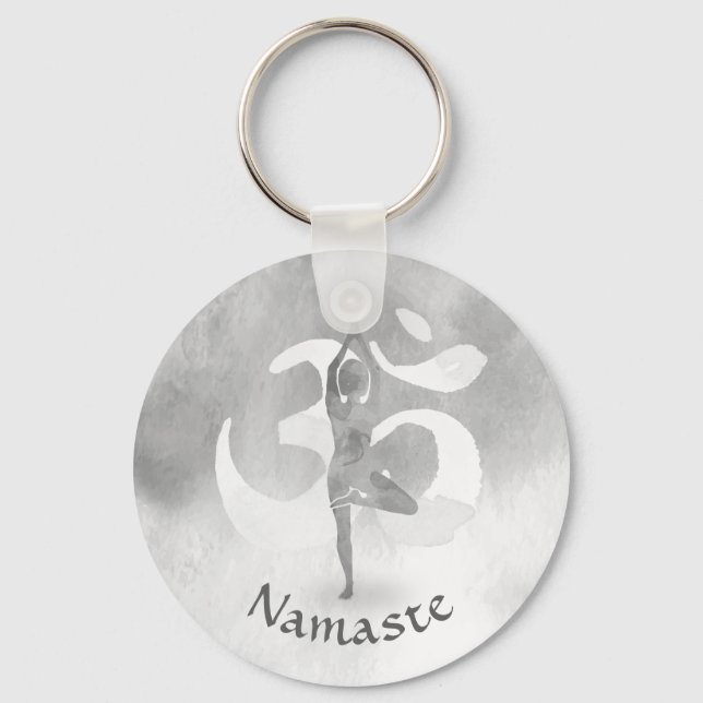 B&W Yoga Instructor Meditation Tree Pose Om Symbol Keychain (Front)