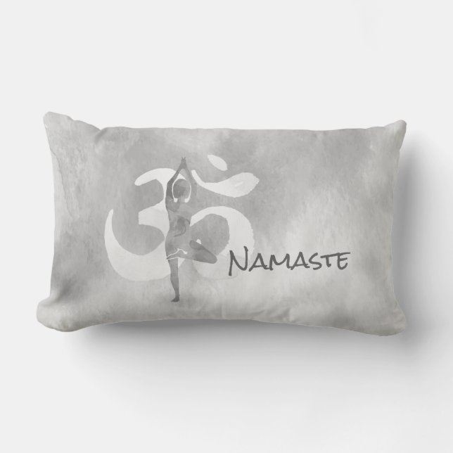 B&W Yoga Instructor Meditation Tree Pose Om Symbol Lumbar Pillow (Front)
