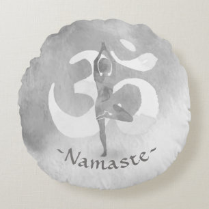 B&W Yoga Instructor Meditation Tree Pose Om Symbol Round Pillow
