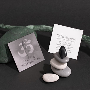 B&W Yoga Instructor Meditation Tree Pose Om Symbol Square Business Card