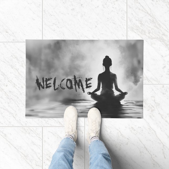 B&W Yoga Meditation Instructor Lotus Pose Welcome Doormat (Indoor)