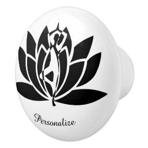 B & W Yoga Zen Lotus Flower Personalize Dresser Ceramic Knob