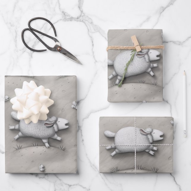 Baa Relief 3 Happy Sheep (large scale) Wrapping Paper Sheet (Front)