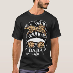 Baba Life Messy Bun Hair Baba Leopard T-Shirt