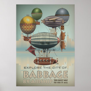 Babbage by Airship Steampunk Vintage Travel Poster
