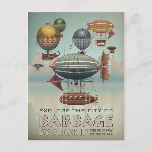 Babbage by Airship Vintage Steampunk Travel Postcard (Front)