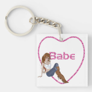 Babe Glitter Heart Candy Redhead Girl Design Keychain