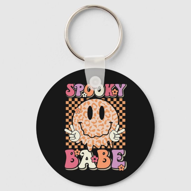 Babe Groovy Halloween Leopard Smile Face Chequered Keychain (Front)