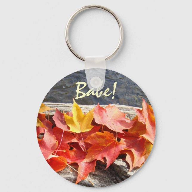Babe! keychain Red Orange Yellow Fall Leaves art (Front)