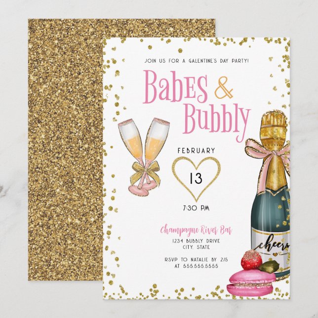 Babes and Bubbly Champagne Galentine's Day Party Invitation (Front/Back)