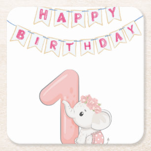 Babies 1st Birthday Cute Elephant and Bunting Square Paper Coaster