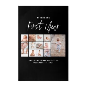 Babies first year photo collage script black acrylic print