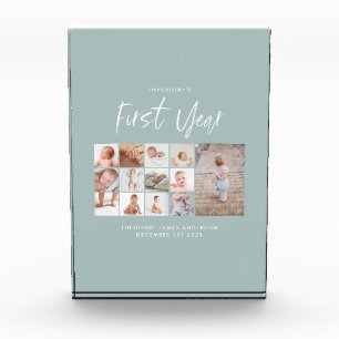 Babies first year photo collage script blue