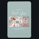 Babies first year photo collage script blue magnet<br><div class="desc">Babies first year photo collage script blue modern contemporary first birthday or Christmas home decor gift.</div>