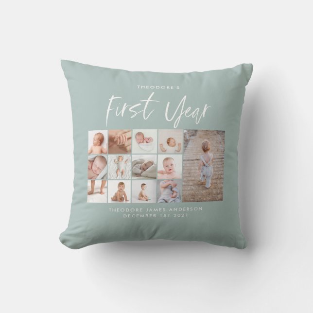Babies first year photo collage script blue throw pillow (Front)