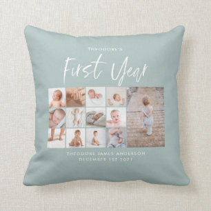 Babies first year photo collage script blue throw pillow